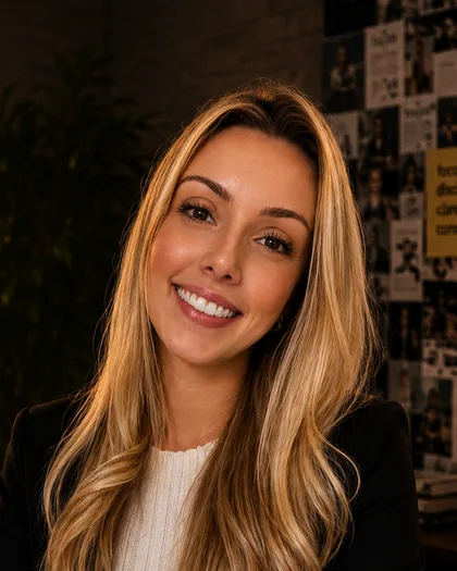 Integrante do time da Laeta de cabelo longo claro, sorrindo, mesa de trabalho desfocada atrás.