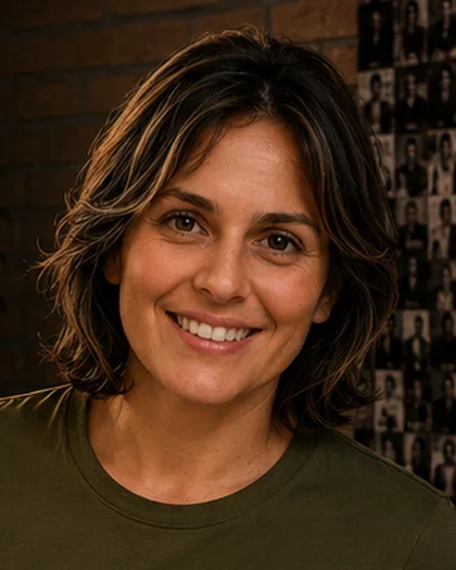 Integrante do time da Laeta de camiseta verde, sorrindo, parede de recortes iluminada atrás.