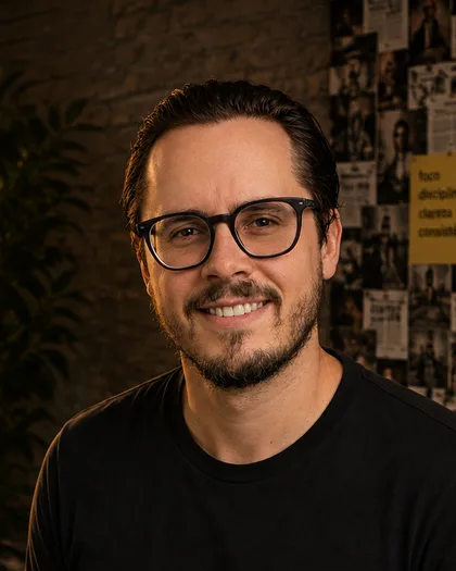 Integrante do time da Laeta de óculos e barba, sorrindo, parede de referências ao fundo.